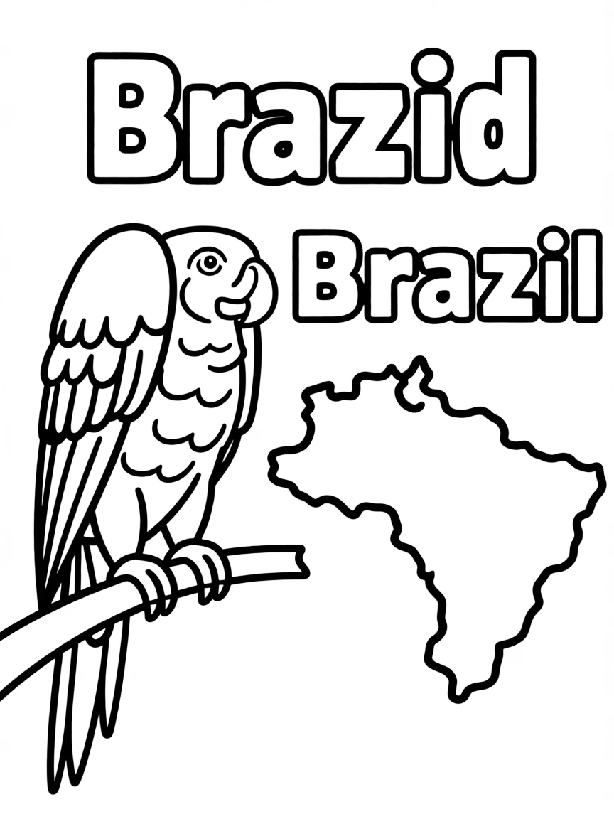 A cute macaw, a simple outline map of Brazil, and the word "Brazil"