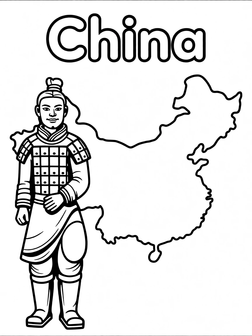 A small terracotta warrior, a simple outline map of China, and the word "China"