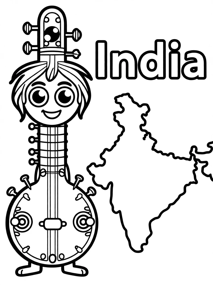 A friendly sitar, a simple outline map of India, and the word "India"