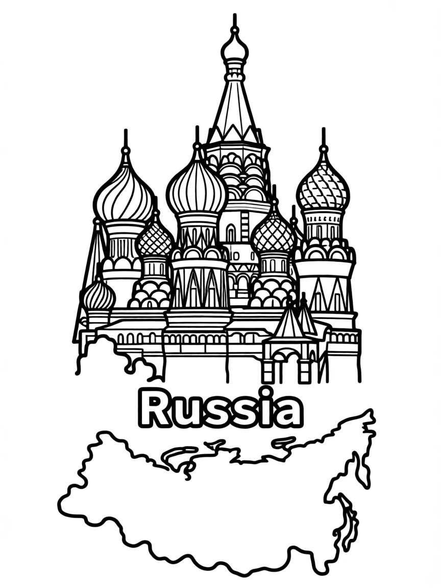 A happy St. Basil's Cathedral, a simple outline map of Russia, and the word "Russia"