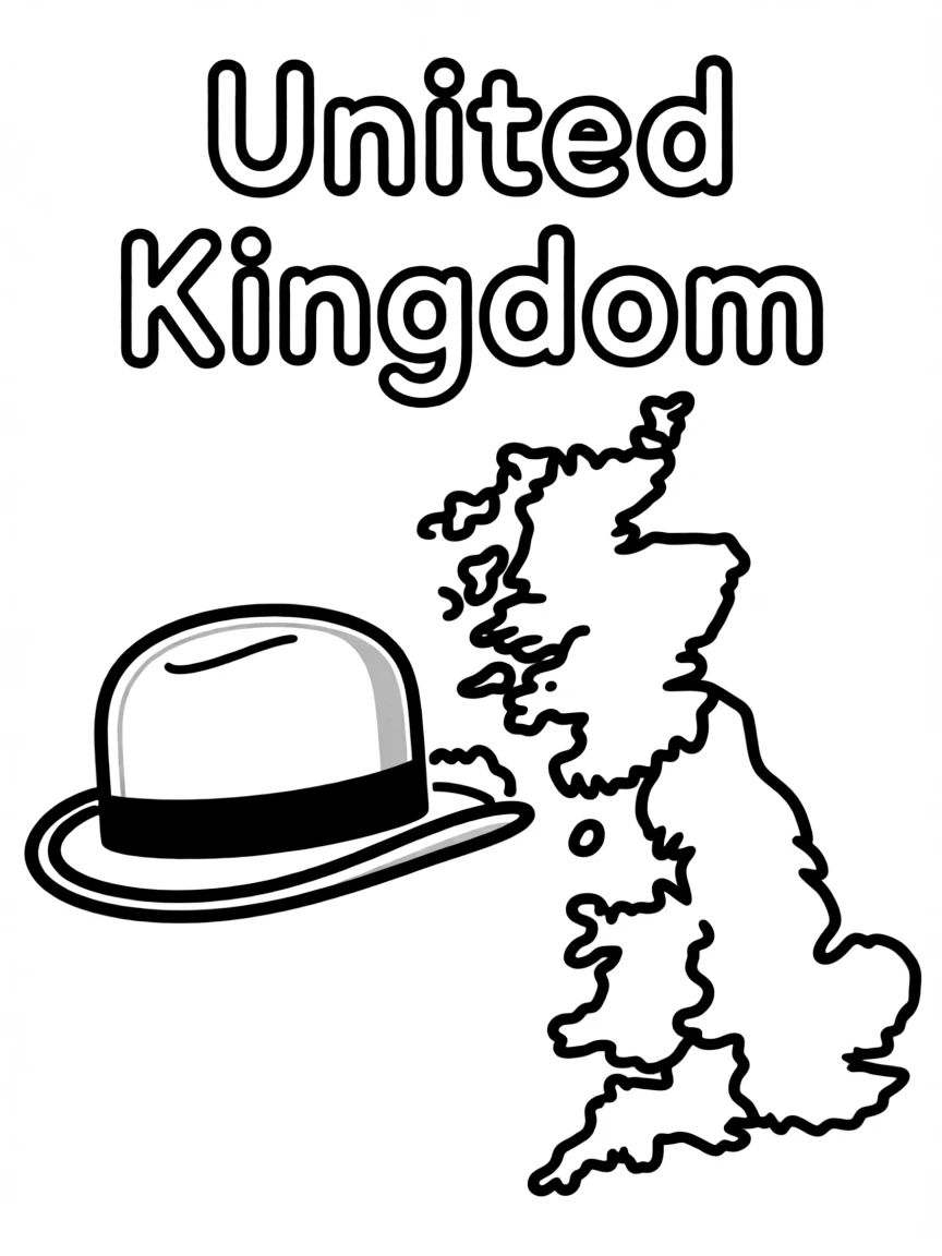 A friendly bowler hat, a simple outline map of United Kingdom, and the word "United Kingdom"