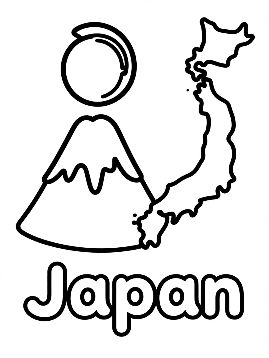 A cute Mount Fuji, a simple outline map of Japan, and the word "Japan"