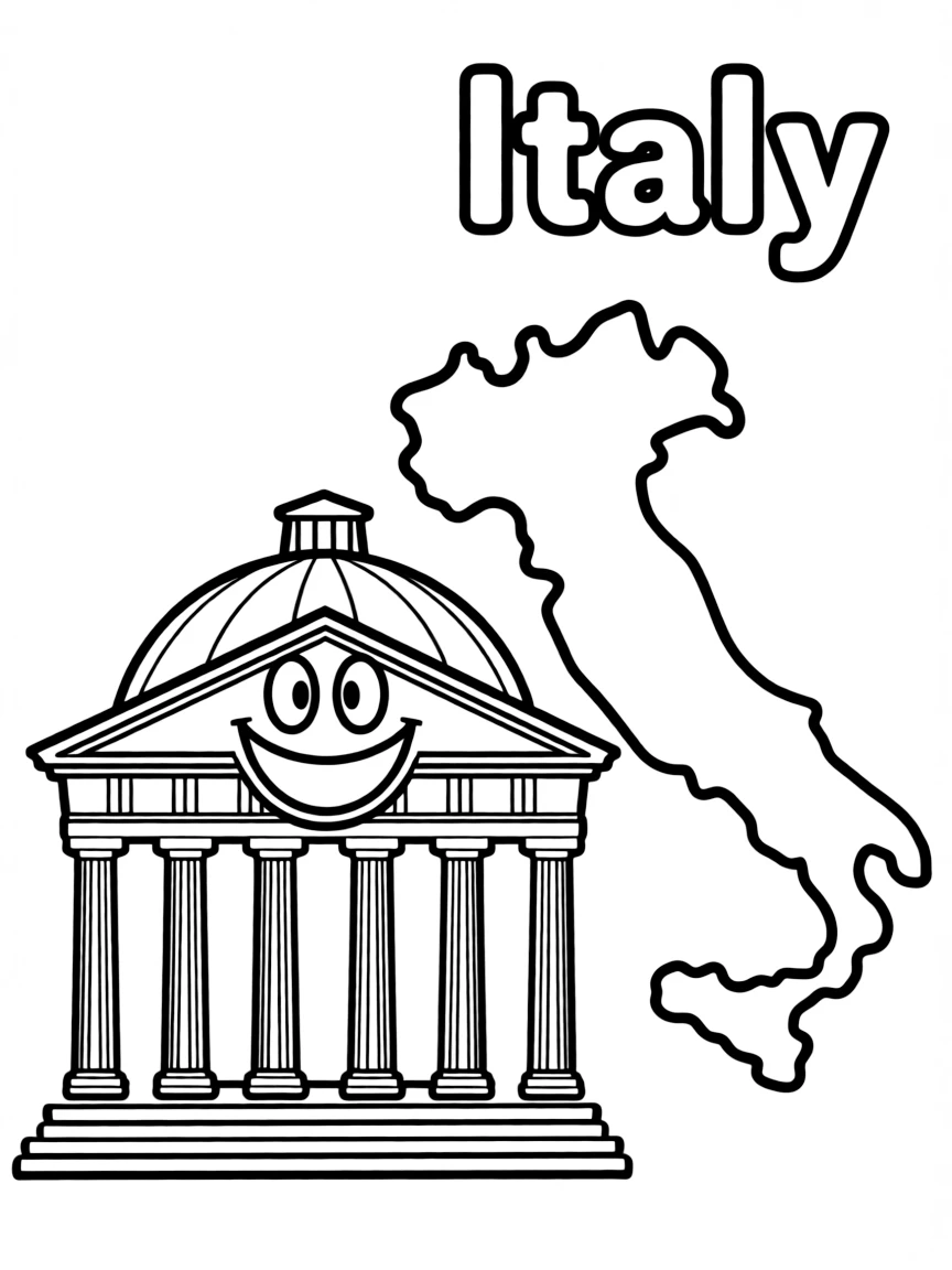 A happy Pantheon, a simple outline map of Italy, and the word "Italy"