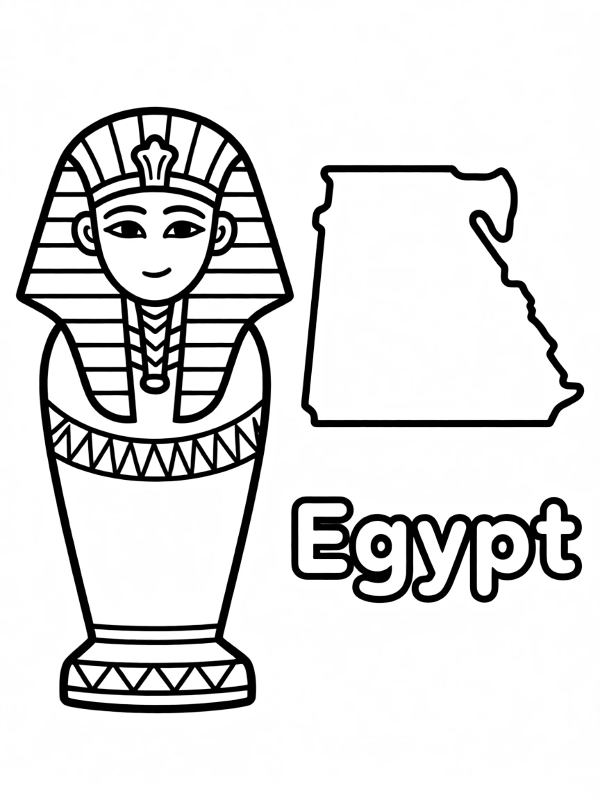 A small sarcophagus, a simple outline map of Egypt, and the word "Egypt"