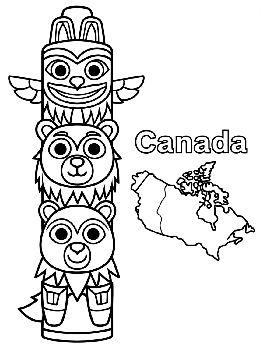 A cute totem pole, a simple outline map of Canada, and the word "Canada"