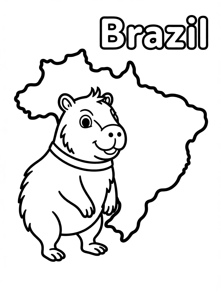 A happy capybara, a simple outline map of Brazil, and the word "Brazil"