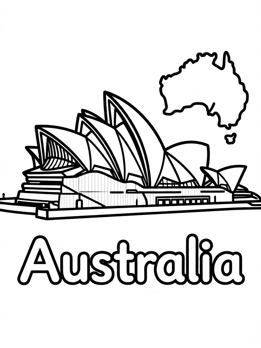 A small Sydney Opera House, a simple outline map of Australia, and the word "Australia"