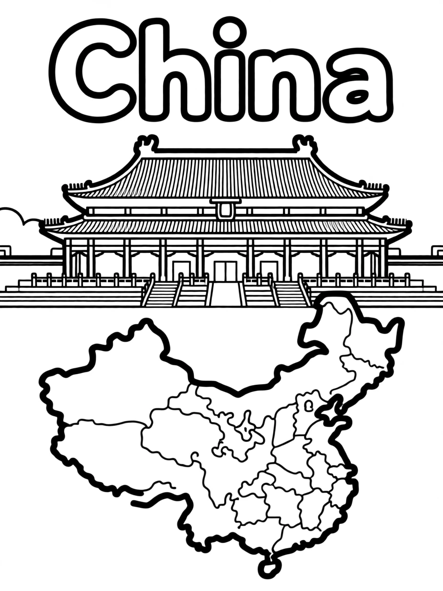 A friendly Forbidden City, a simple outline map of China, and the word "China"
