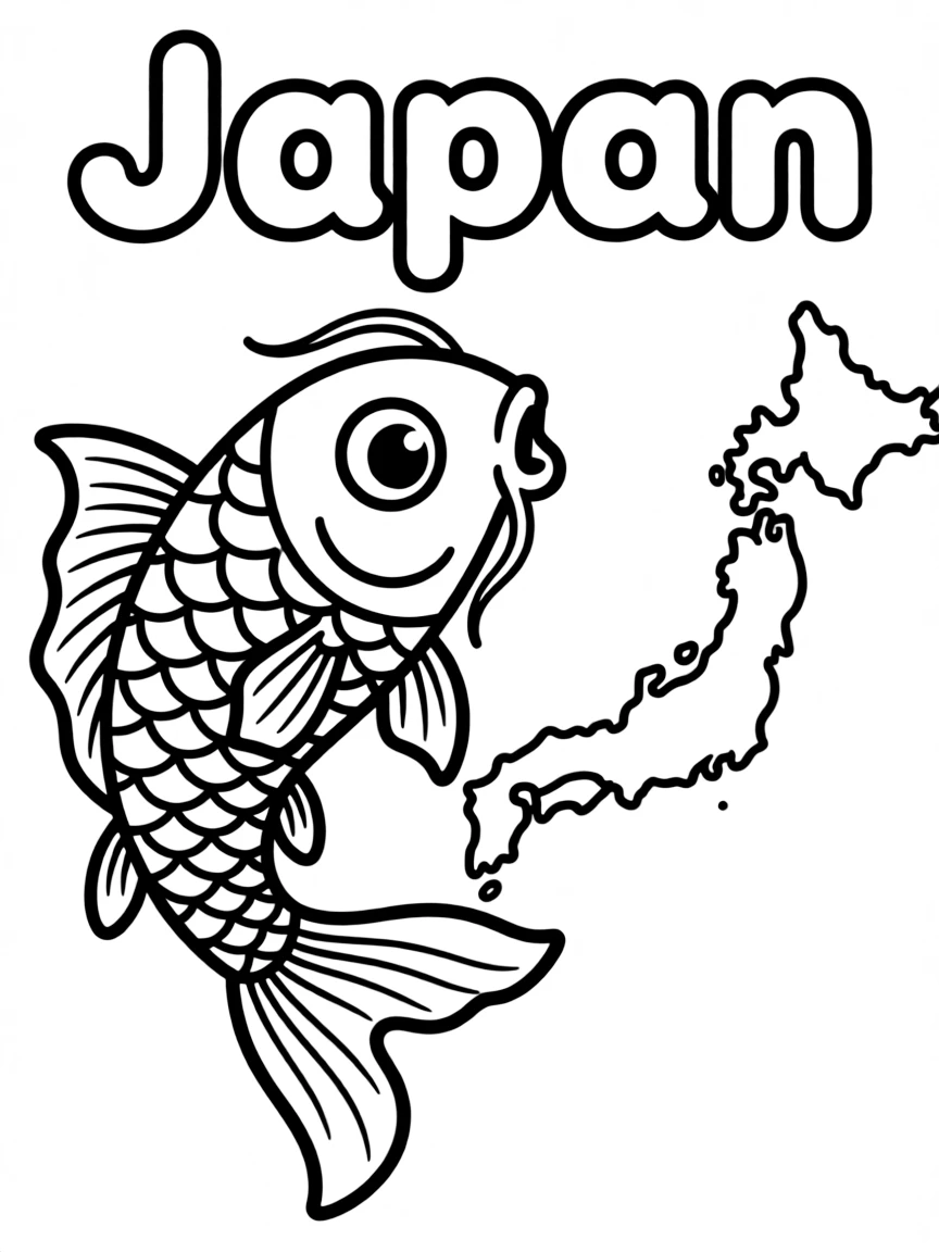 A happy koi fish, a simple outline map of Japan, and the word "Japan"