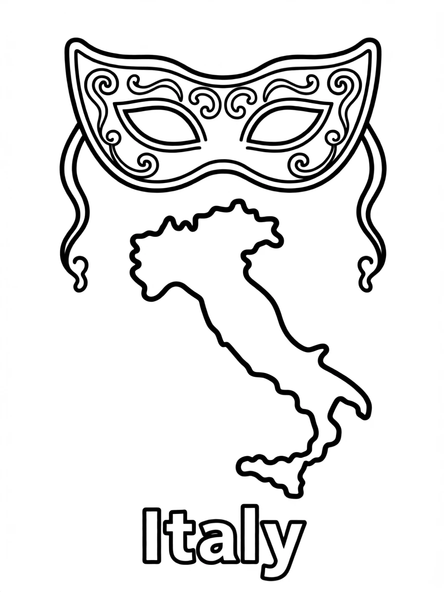 A small Venetian mask, a simple outline map of Italy, and the word "Italy"