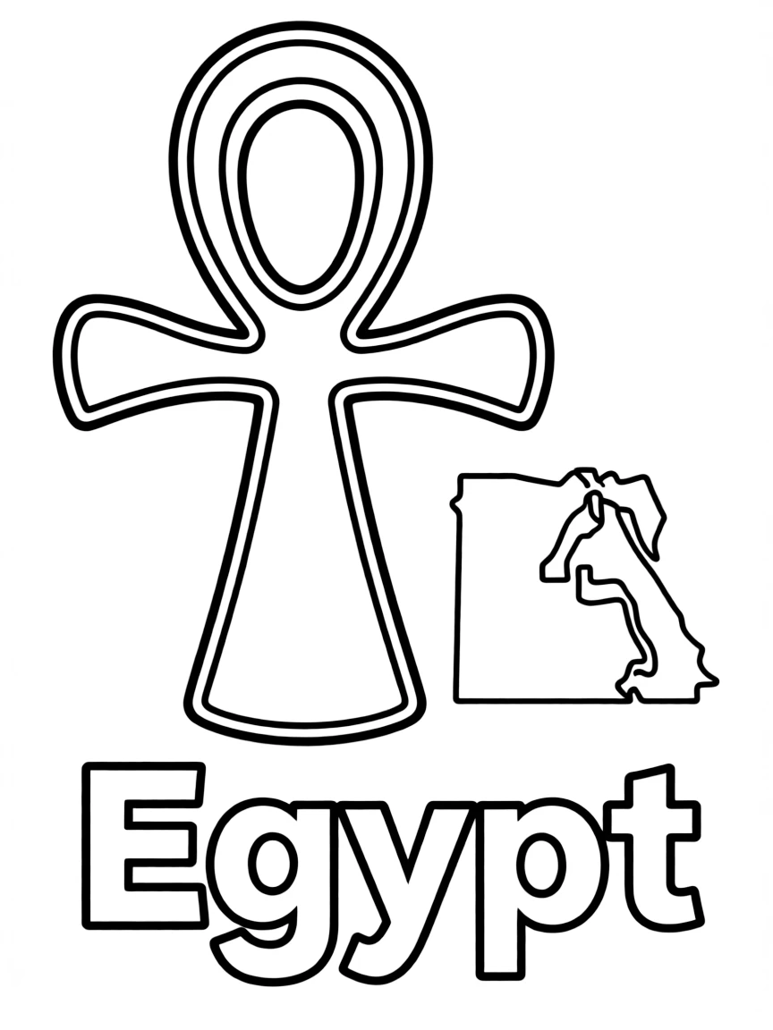 A friendly ankh, a simple outline map of Egypt, and the word "Egypt"