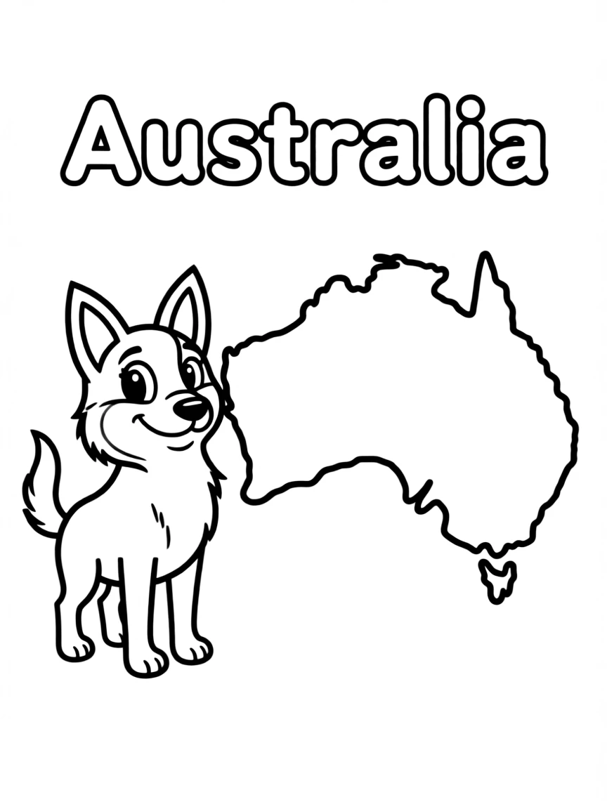 A friendly dingo, a simple outline map of Australia, and the word "Australia"