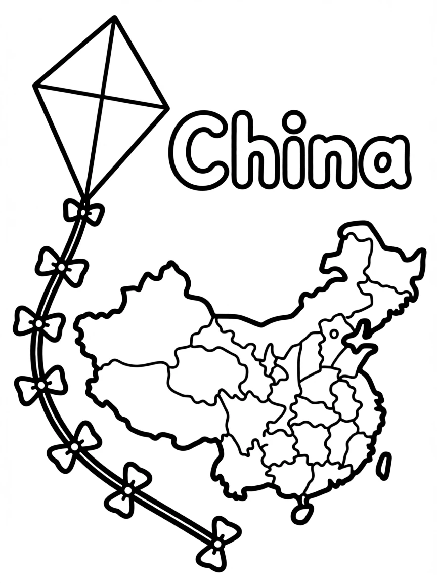 A cute kite, a simple outline map of China, and the word "China"