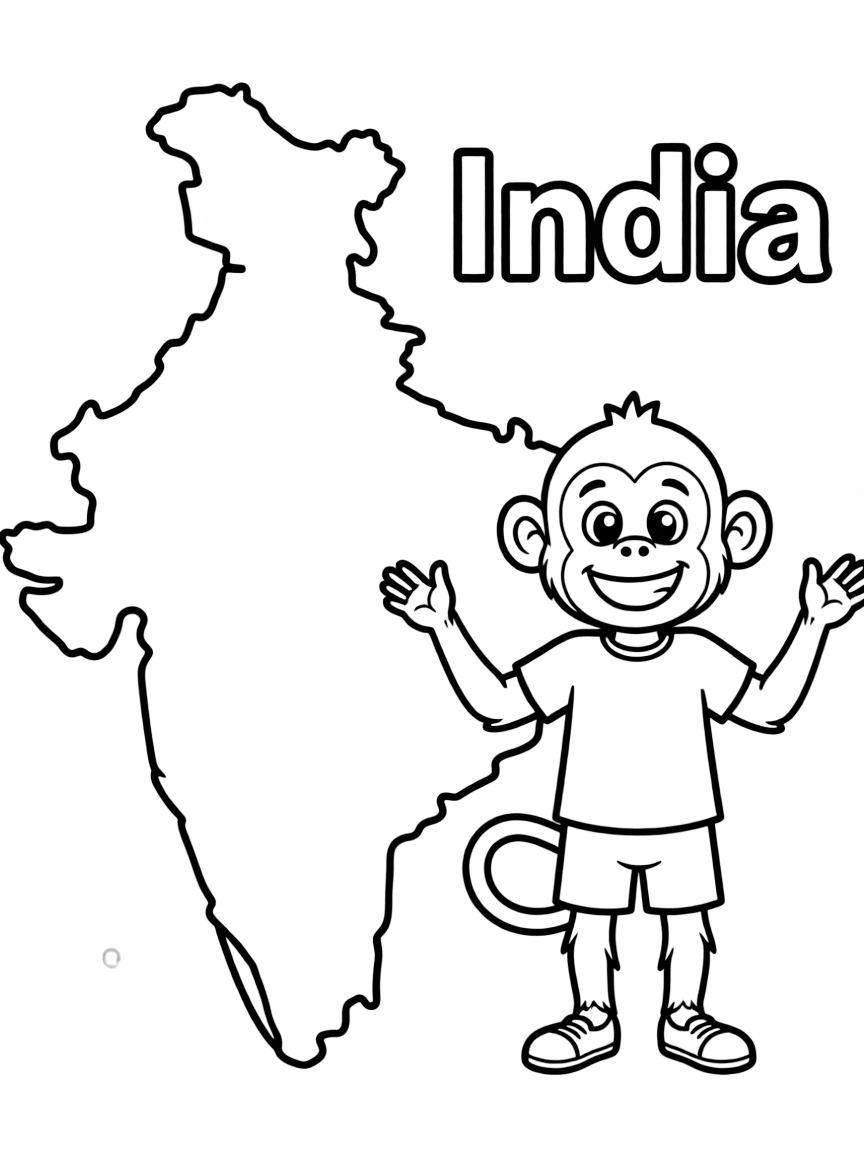 A happy monkey, a simple outline map of India, and the word "India"