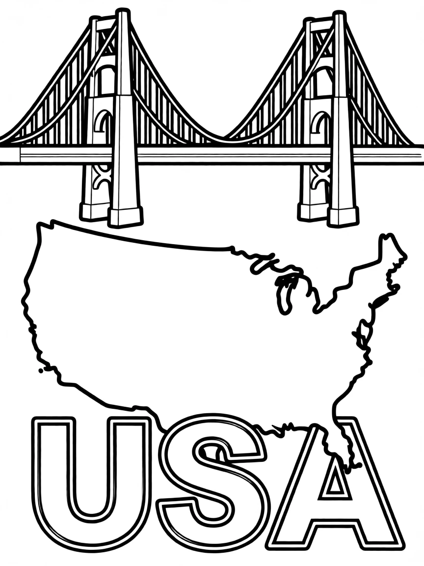 A small golden gate bridge, a simple outline map of USA, and the word "USA"