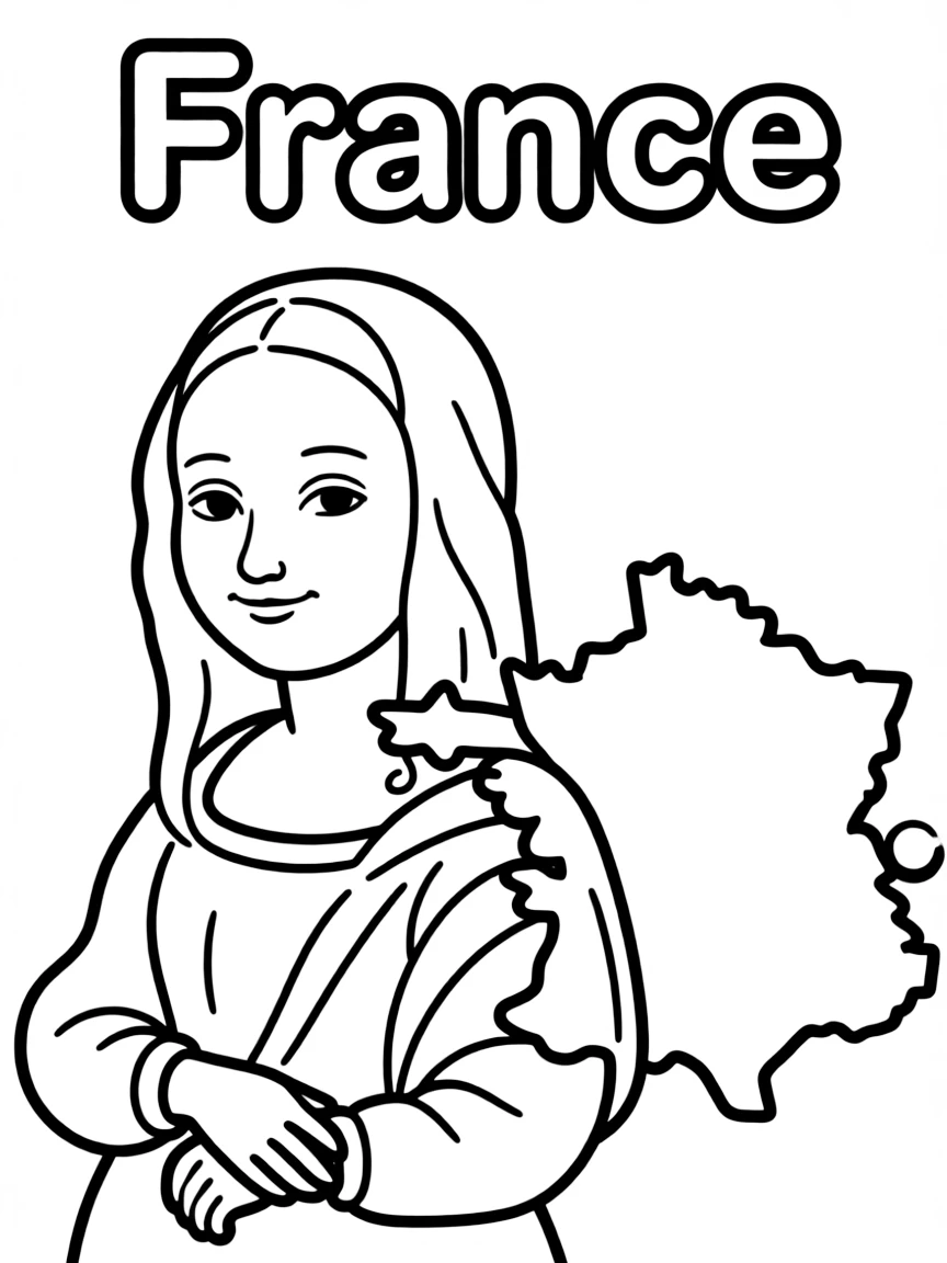 A cute Mona Lisa, a simple outline map of France, and the word "France"