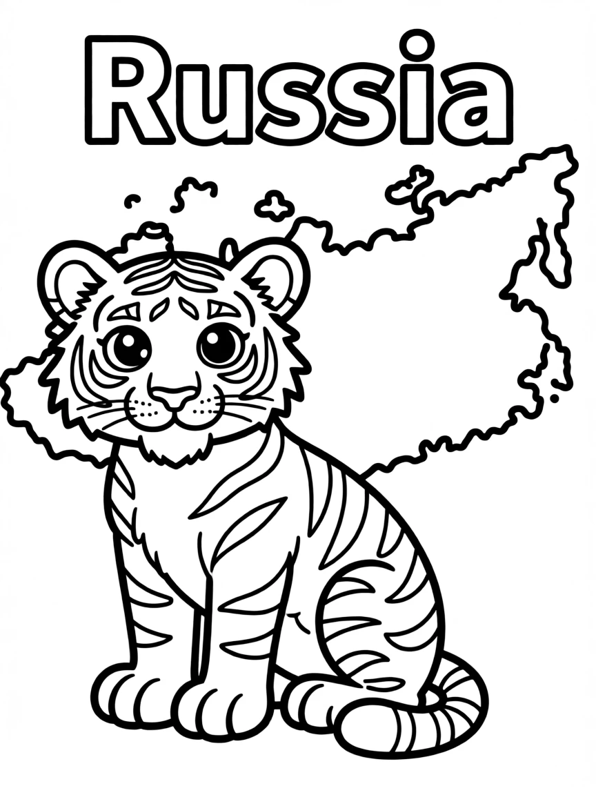 A friendly Siberian tiger, a simple outline map of Russia, and the word "Russia"