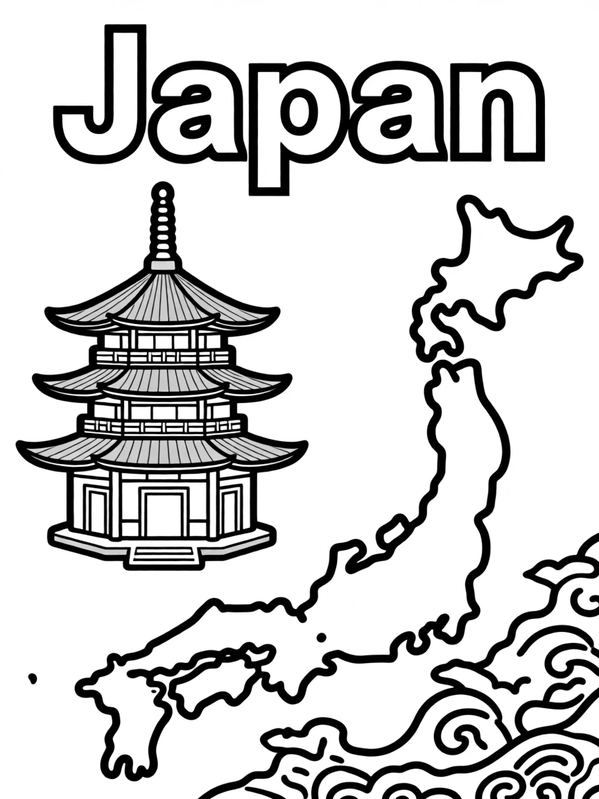 A small pagoda, a simple outline map of Japan, and the word "Japan"