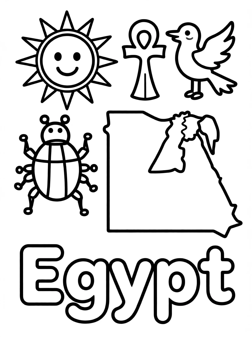 A cute hieroglyphics, a simple outline map of Egypt, and the word "Egypt"