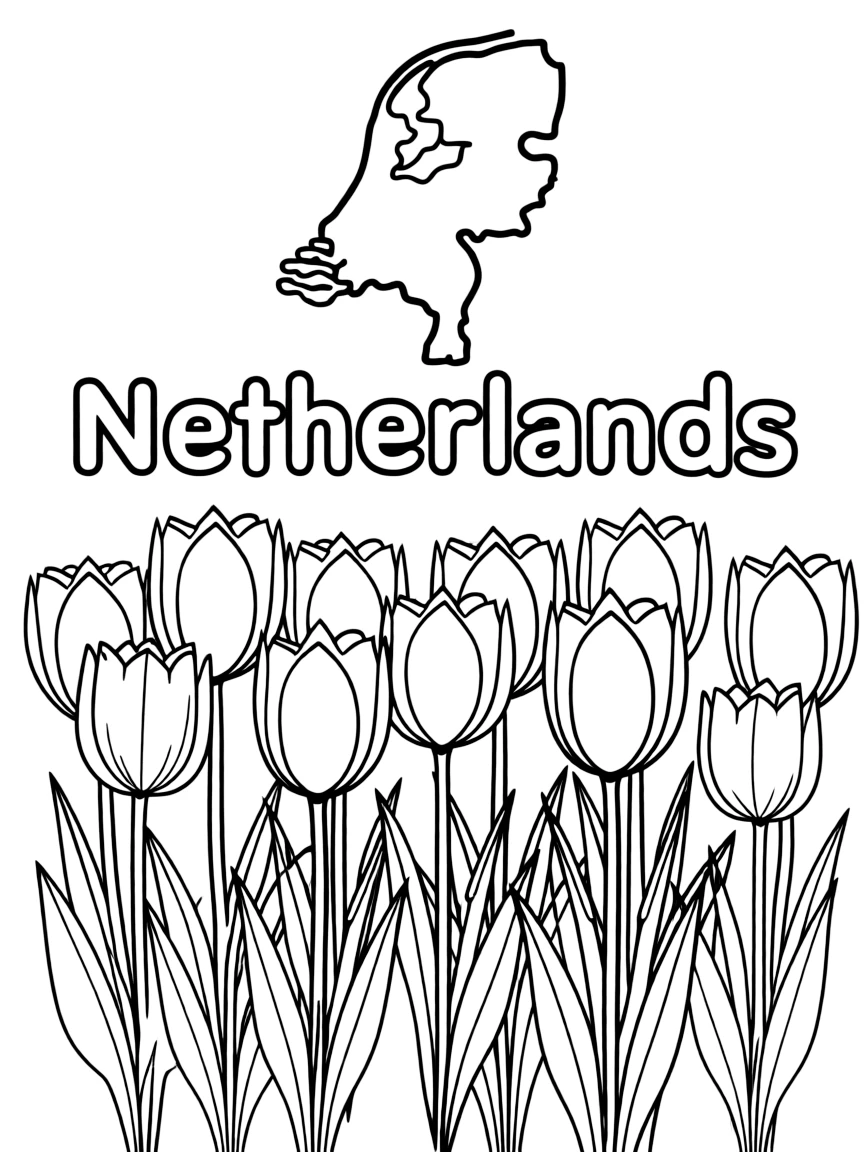 A happy tulip garden, a simple outline map of Netherlands, and the word "Netherlands"