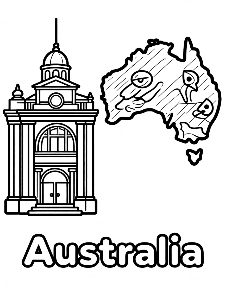 A cute opera house, a simple outline map of Australia, and the word "Australia"