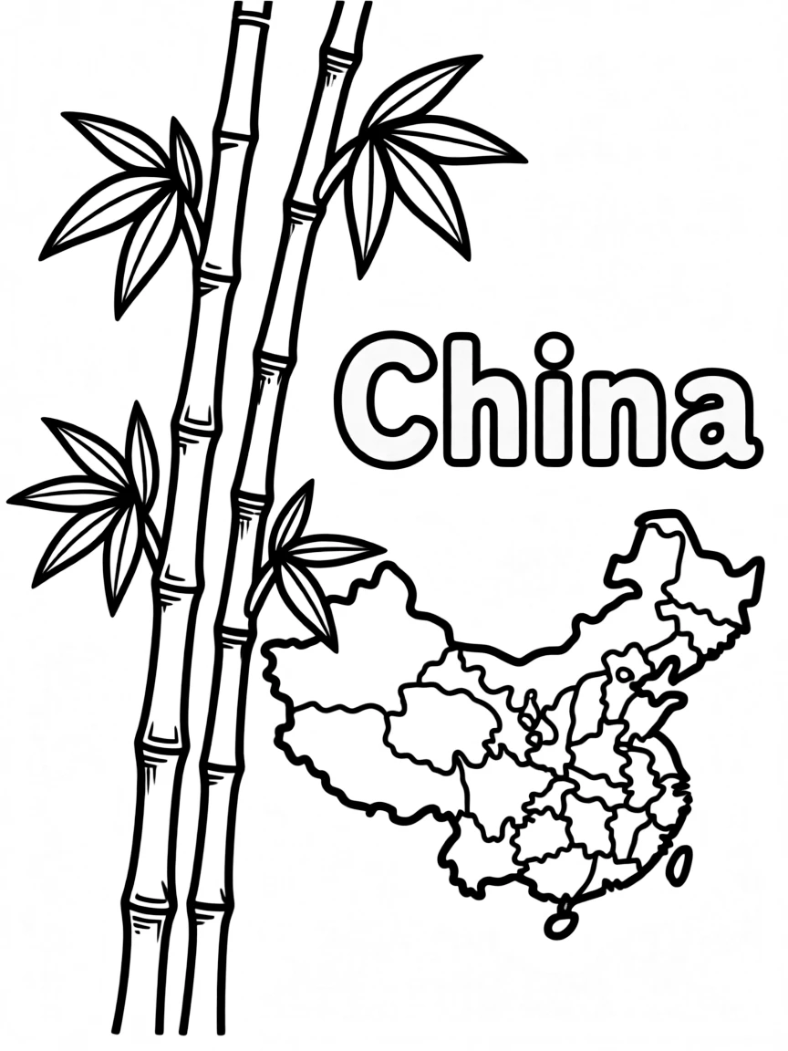 A happy bamboo, a simple outline map of China, and the word "China"