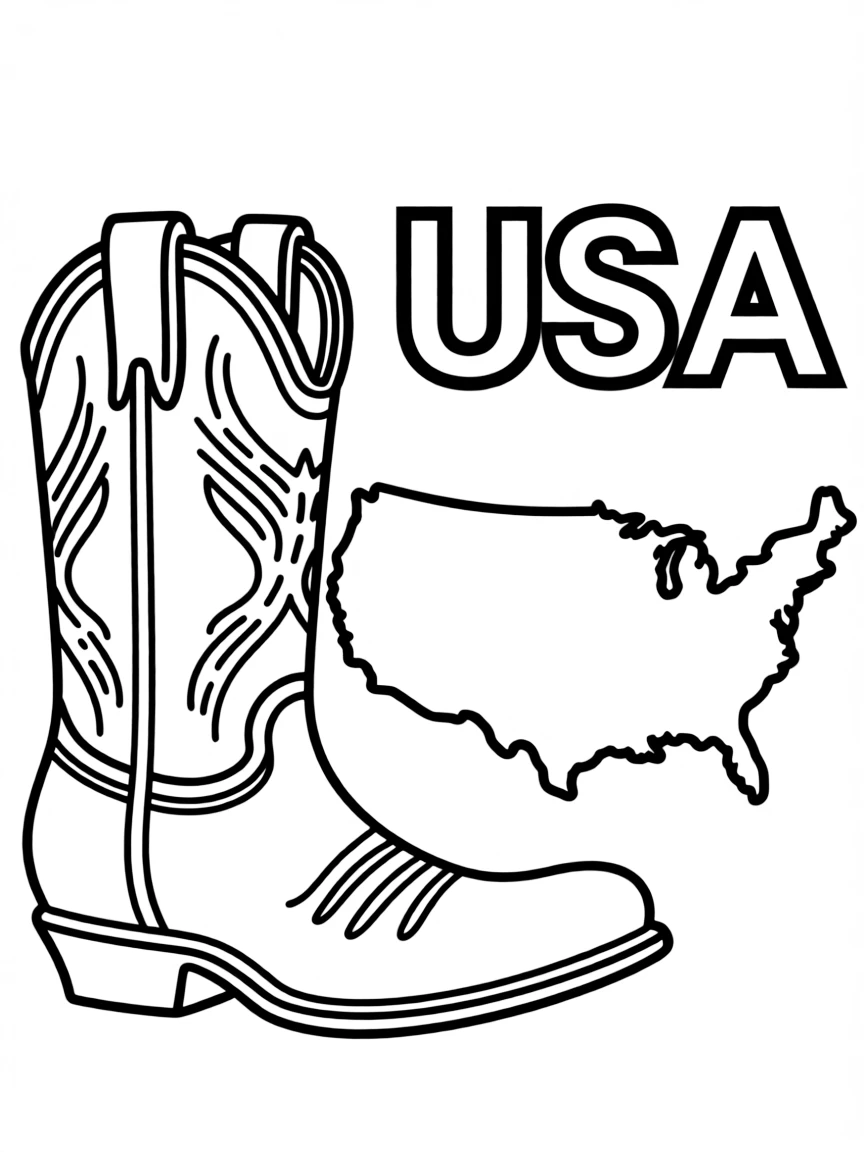 A friendly cowboy boot, a simple outline map of USA, and the word "USA"