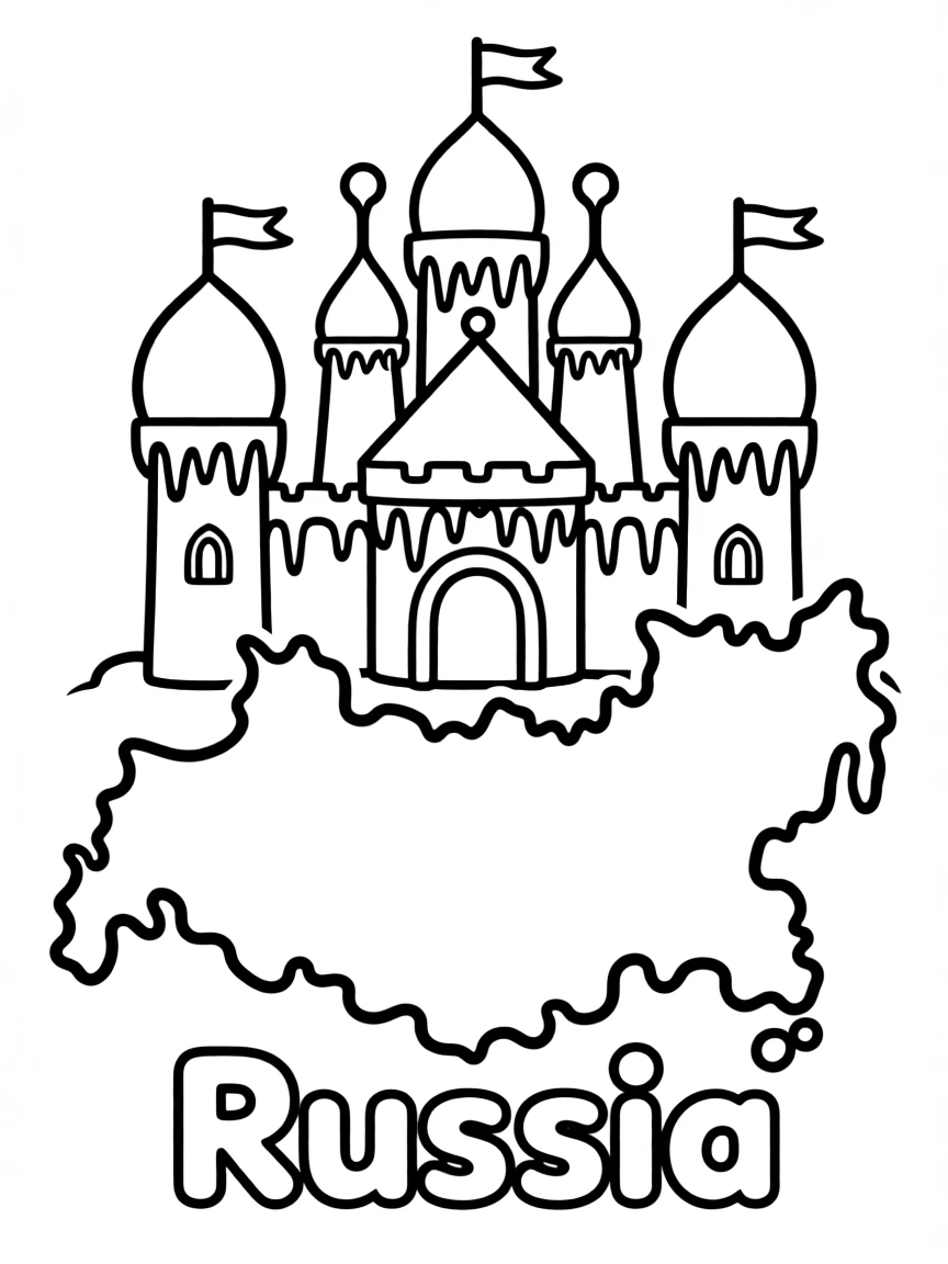 A cute ice palace, a simple outline map of Russia, and the word "Russia"
