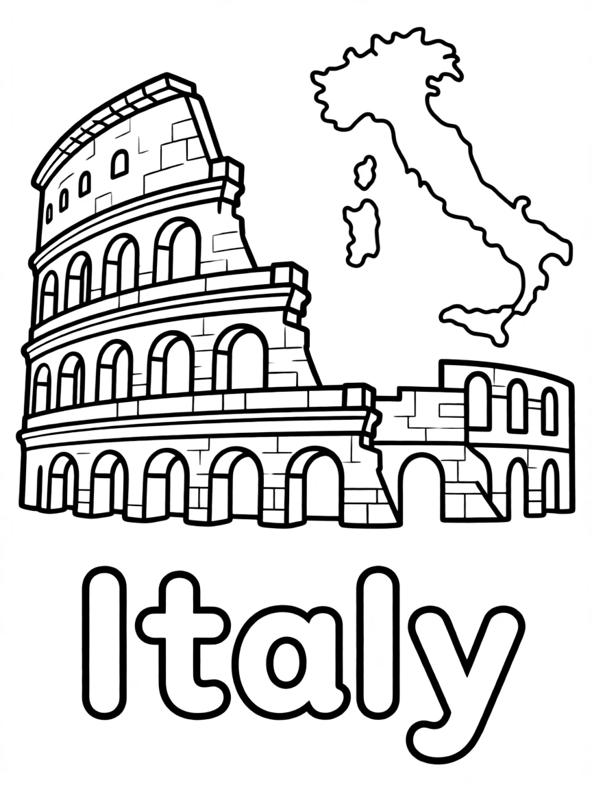 A cute Coliseum, a simple outline map of Italy, and the word "Italy"