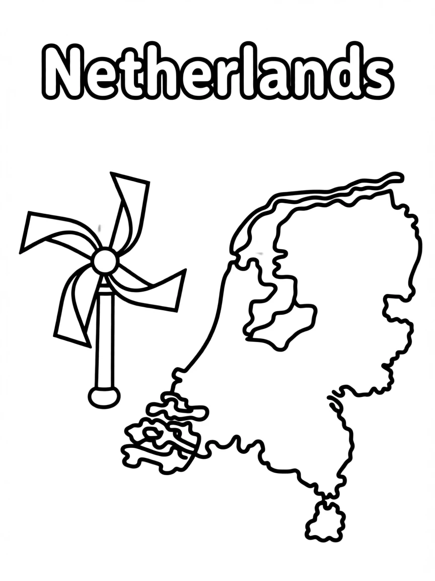 A small windmill blade, a simple outline map of Netherlands, and the word "Netherlands"