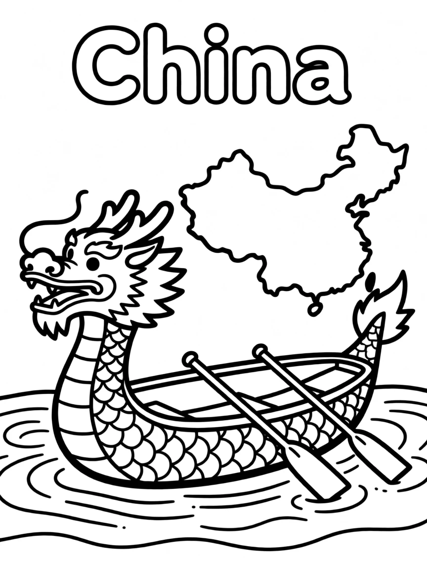 A small dragon boat, a simple outline map of China, and the word "China"