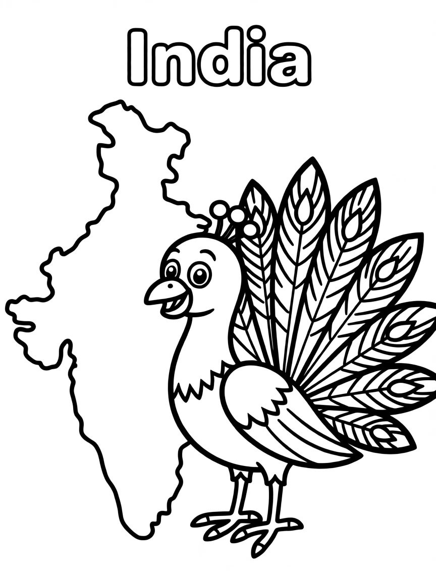 A friendly peacock, a simple outline map of India, and the word "India"