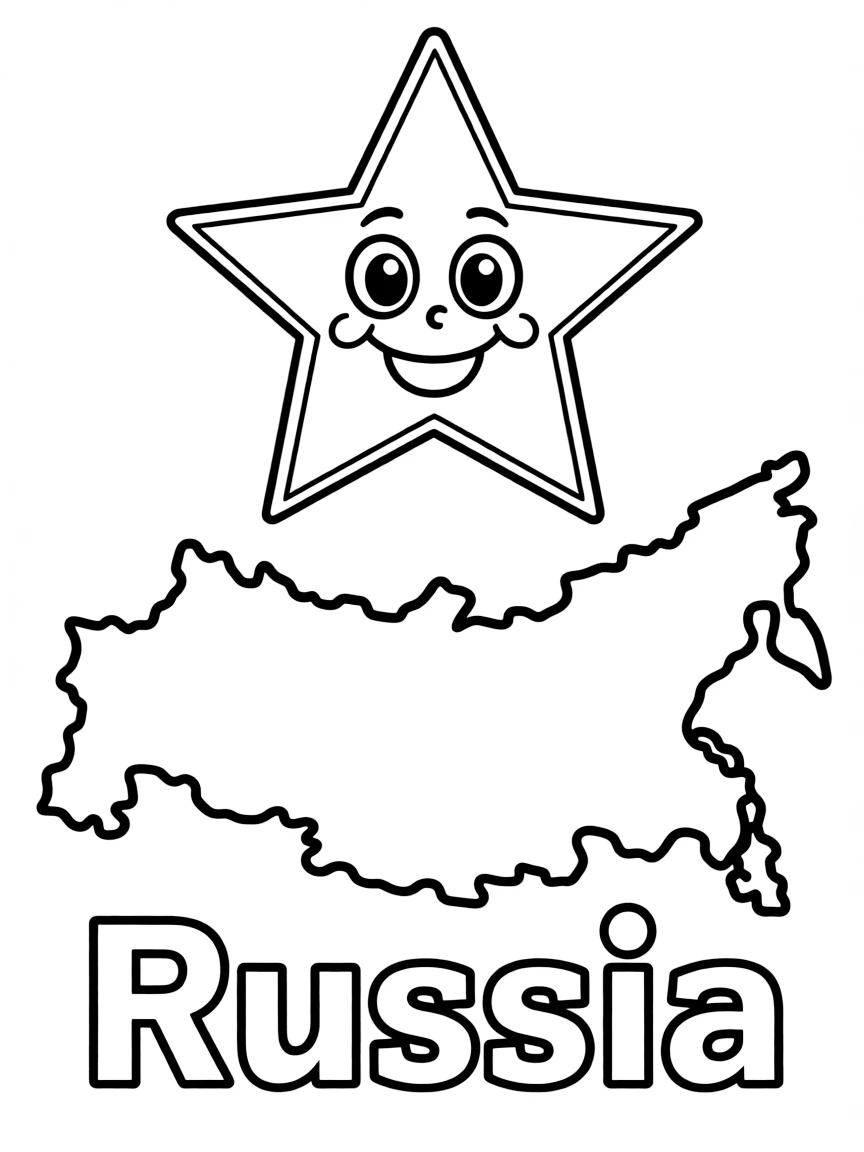 A happy Kremlin star, a simple outline map of Russia, and the word "Russia"