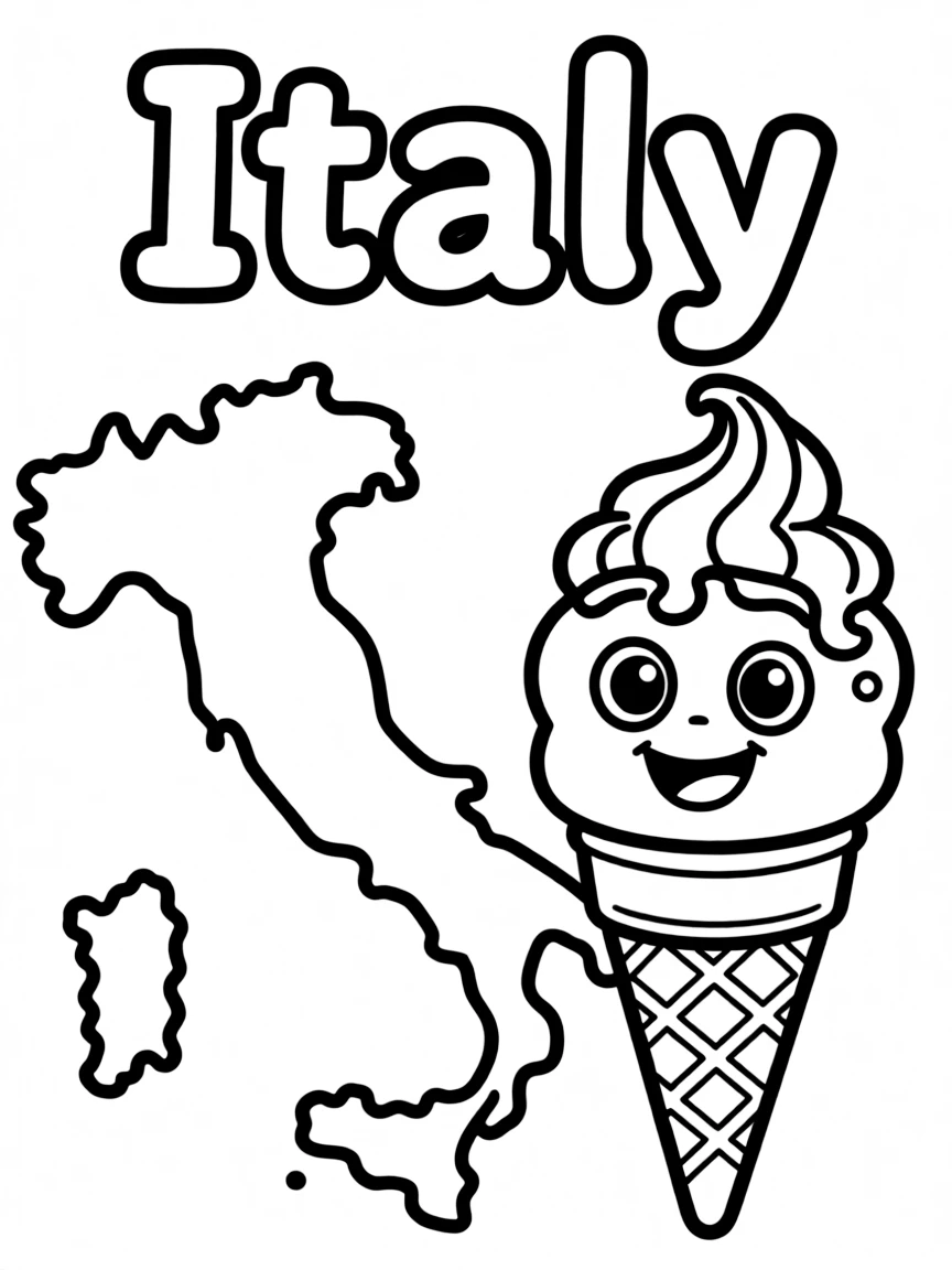 A happy gelato, a simple outline map of Italy, and the word "Italy"