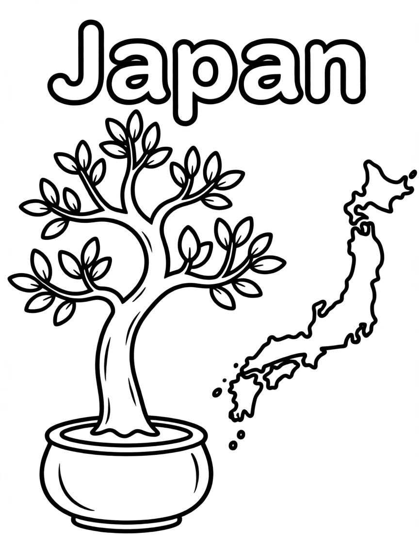 A cute bonsai tree, a simple outline map of Japan, and the word "Japan"