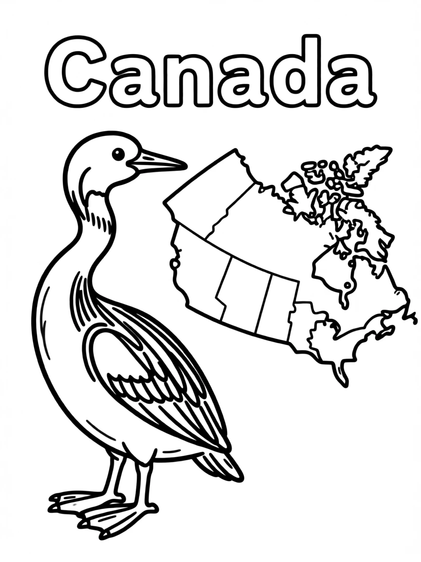 A cute loon, a simple outline map of Canada, and the word "Canada"