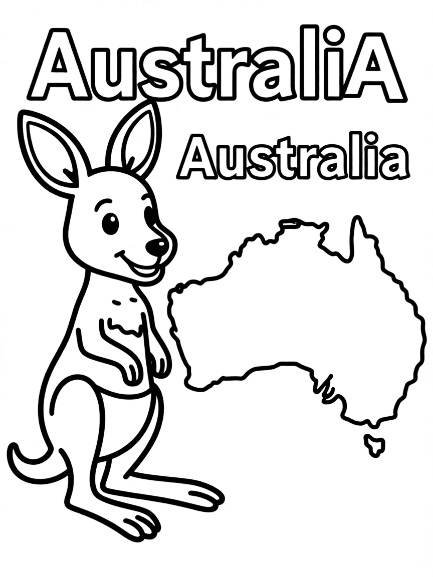 A small kangaroo, a simple outline map of Australia, and the word "Australia"