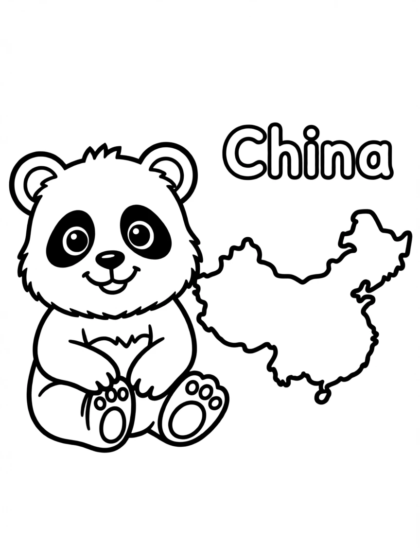A friendly panda, a simple outline map of China, and the word "China"
