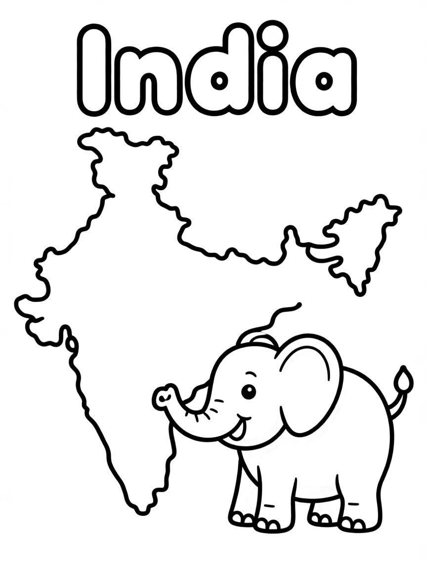 A cute elephant, a simple outline map of India, and the word "India"