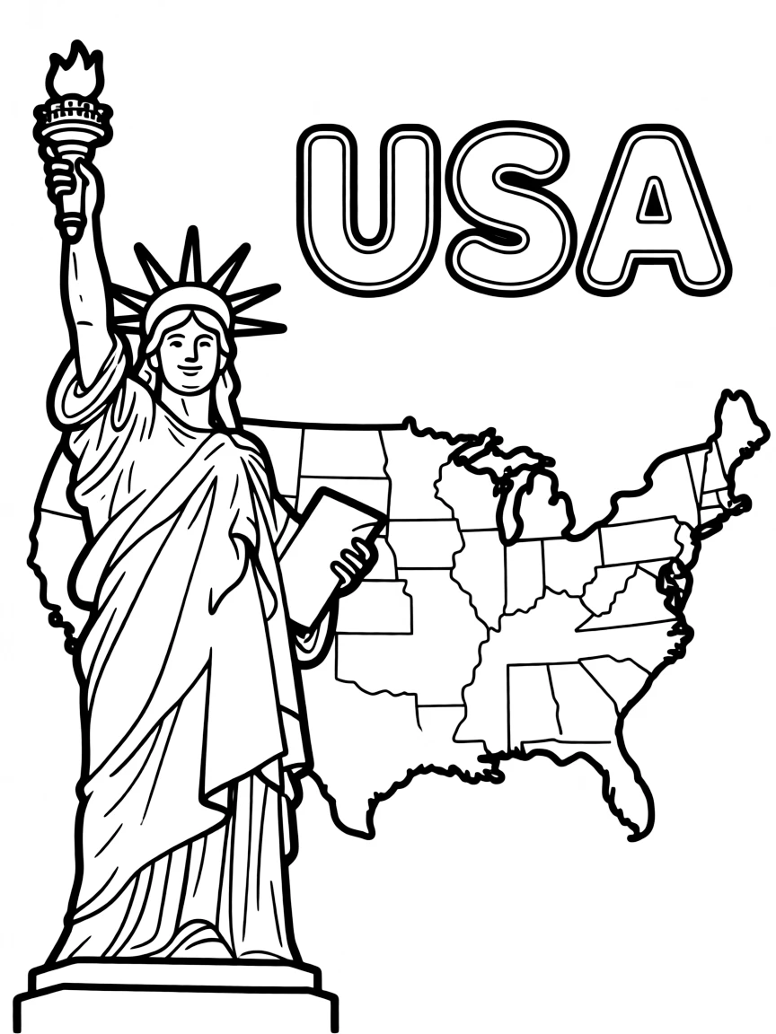 A happy Statue of Liberty, a simple outline map of USA, and the word "USA"