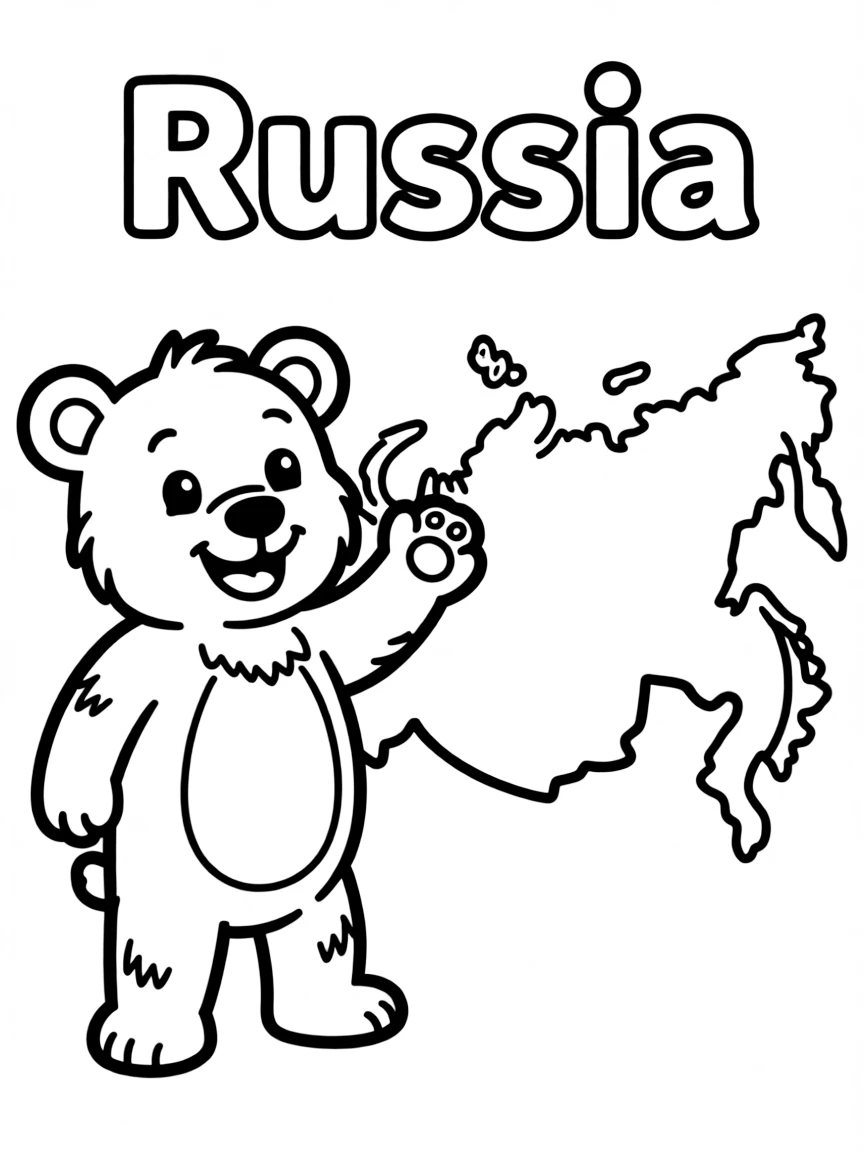 A small bear, a simple outline map of Russia, and the word "Russia"