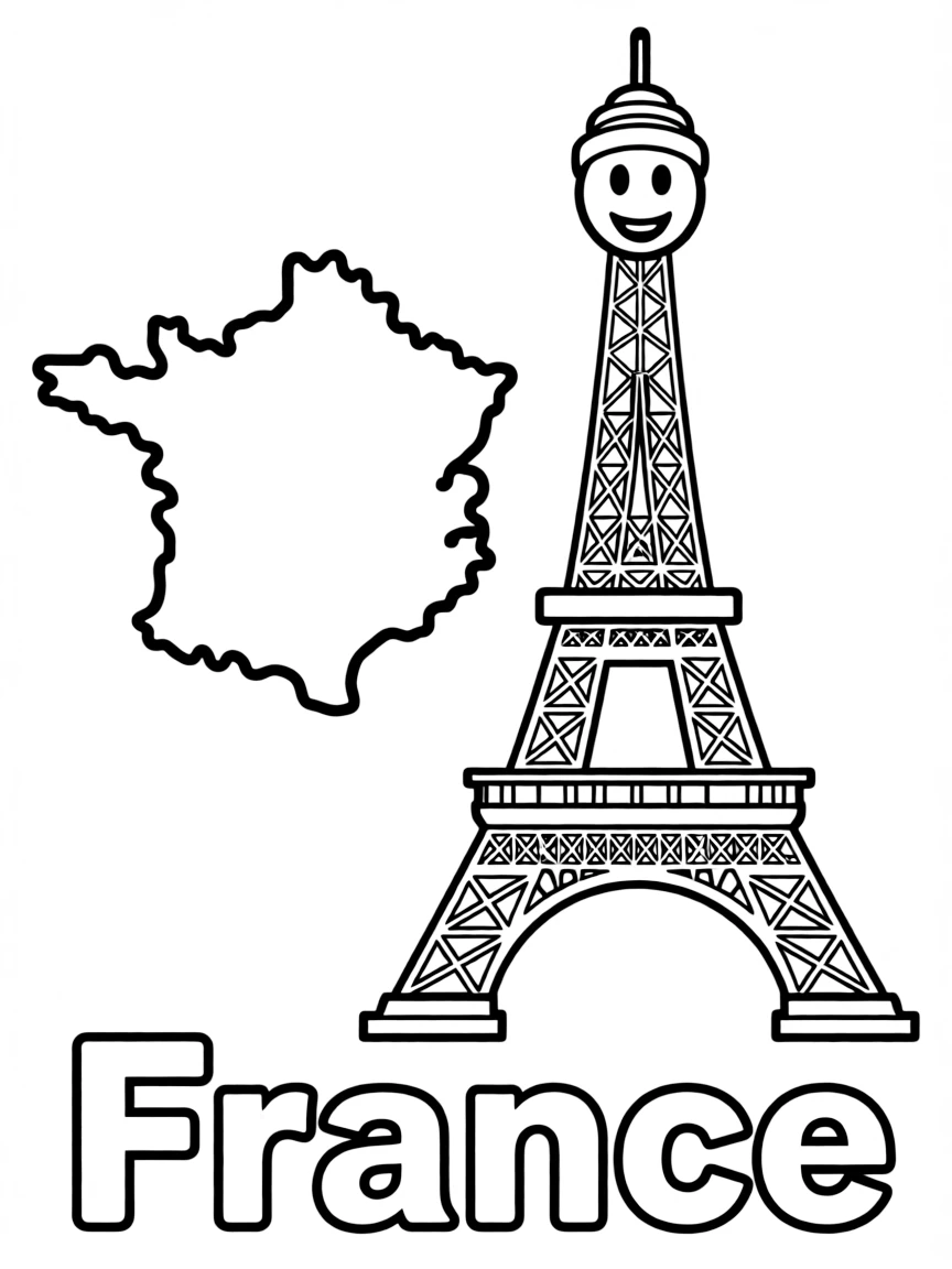 A friendly Eiffel Tower, a simple outline map of France, and the word "France"