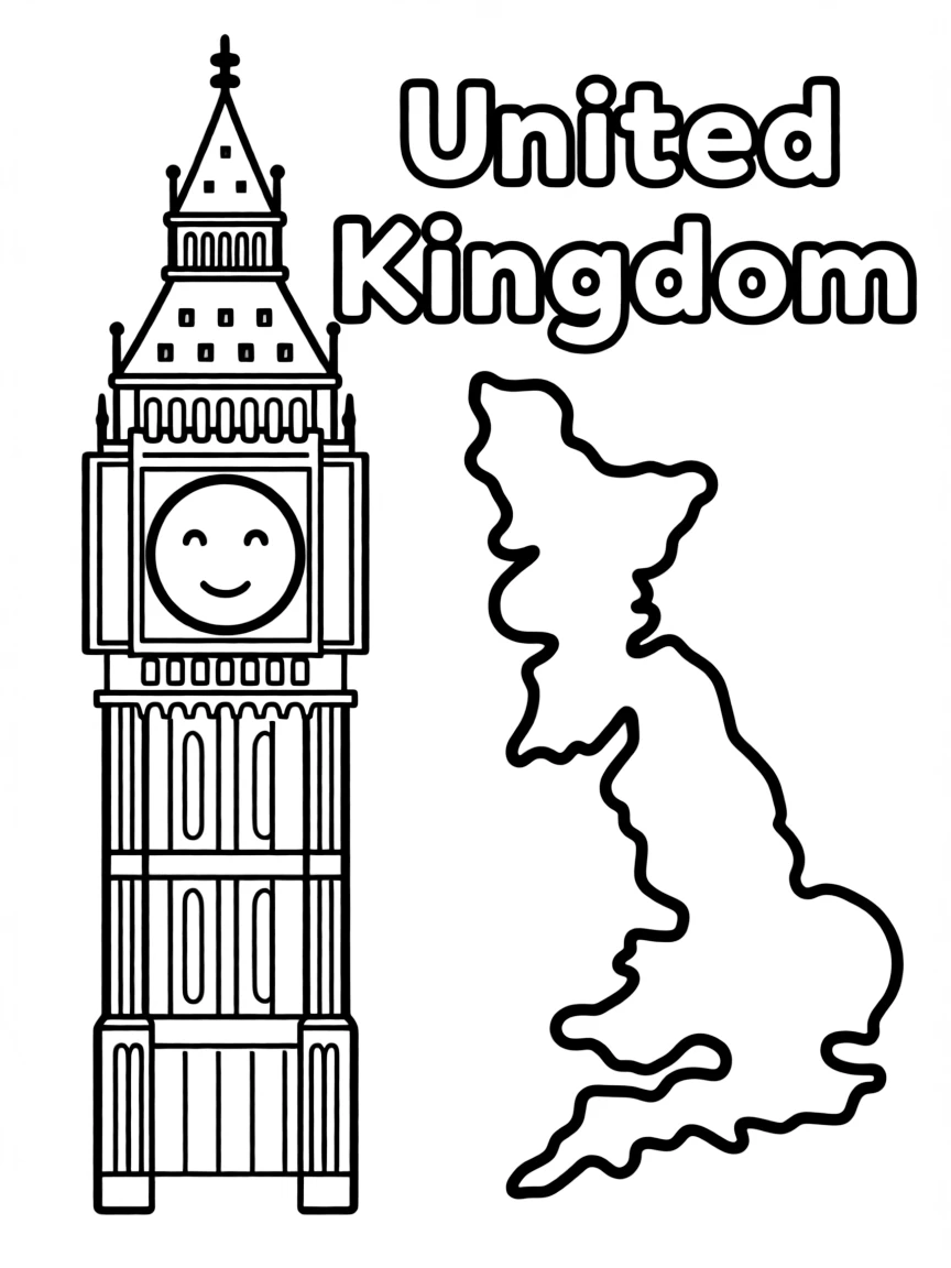 A cute Big Ben, a simple outline map of United Kingdom, and the word "United Kingdom"