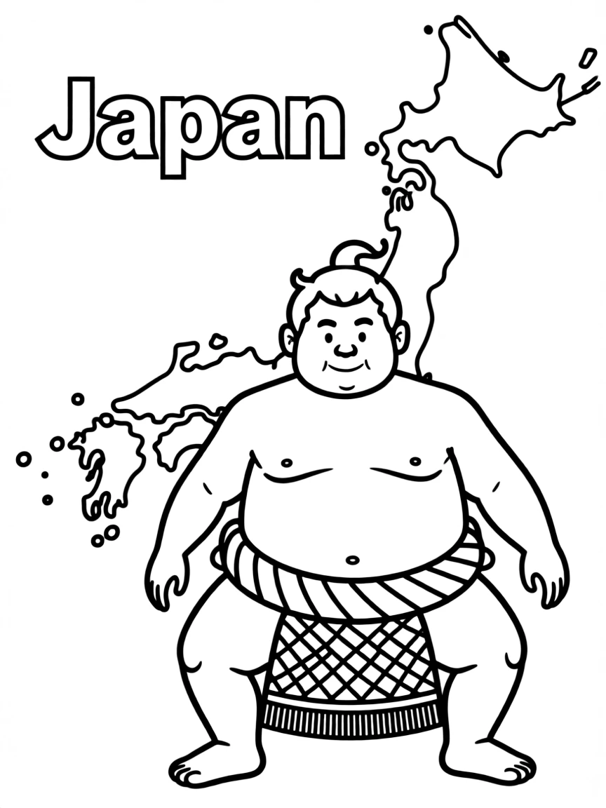 A happy sumo wrestler, a simple outline map of Japan, and the word "Japan"