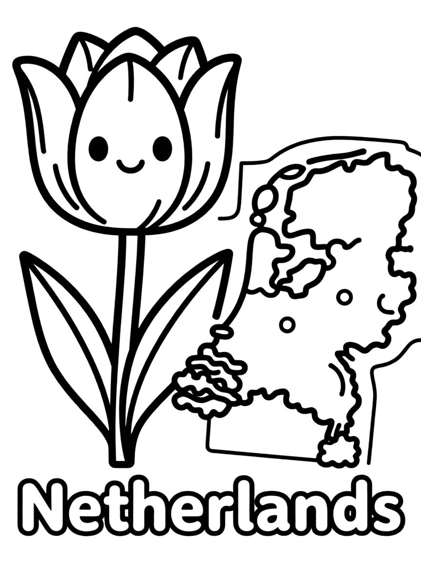 A cute tulip, a simple outline map of Netherlands, and the word "Netherlands"