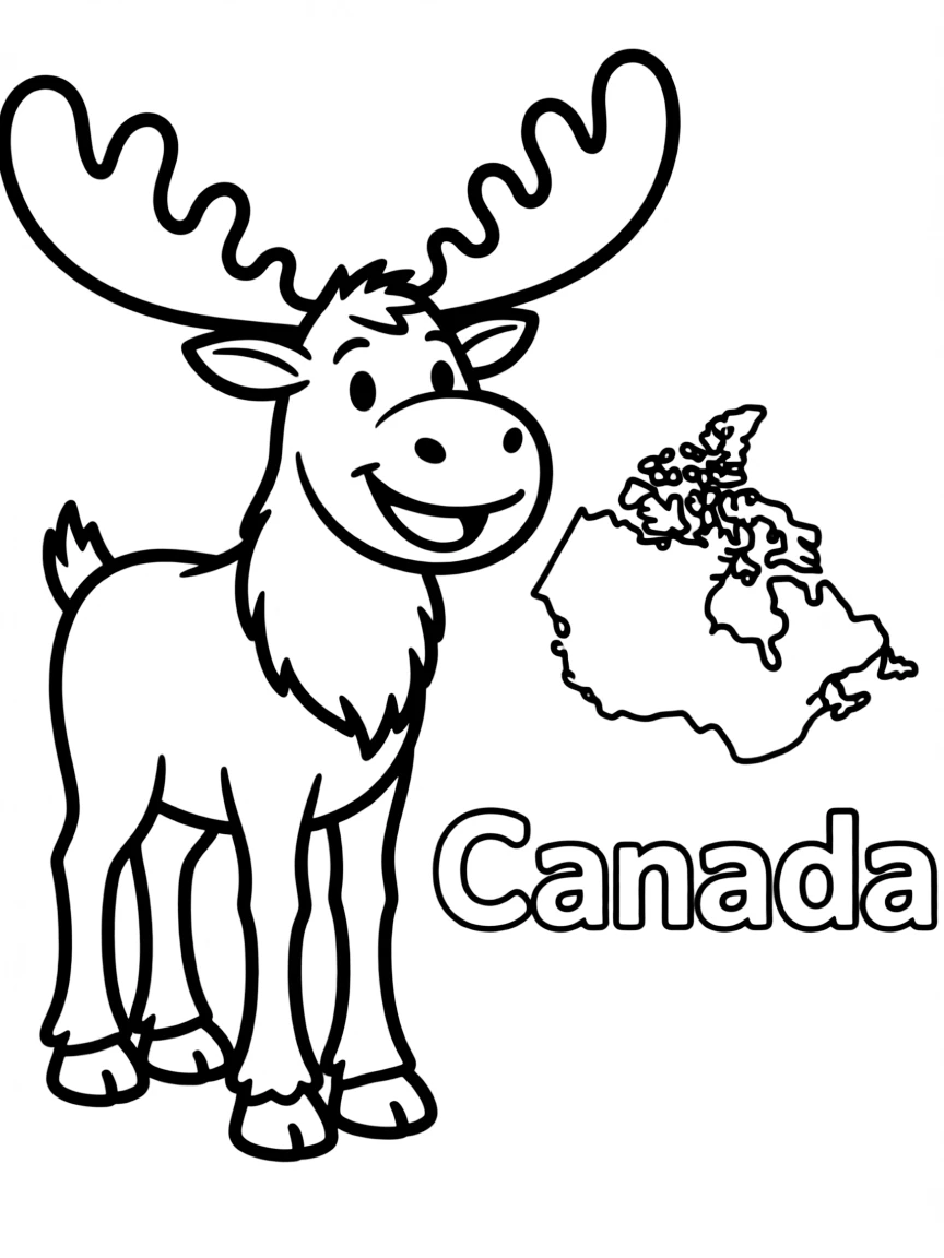 A happy moose, a simple outline map of Canada, and the word "Canada"