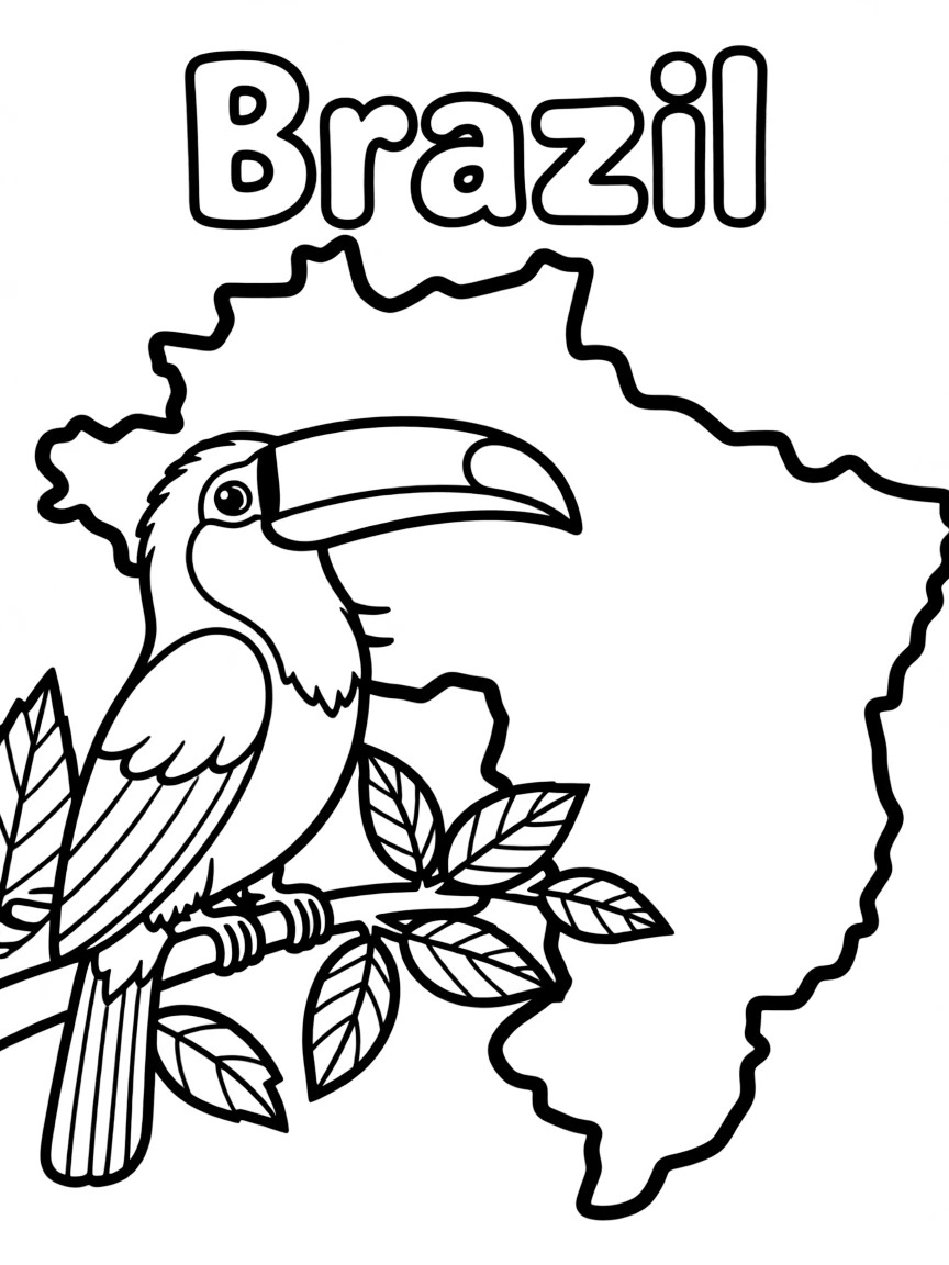 A small toucan, a simple outline map of Brazil, and the word "Brazil"