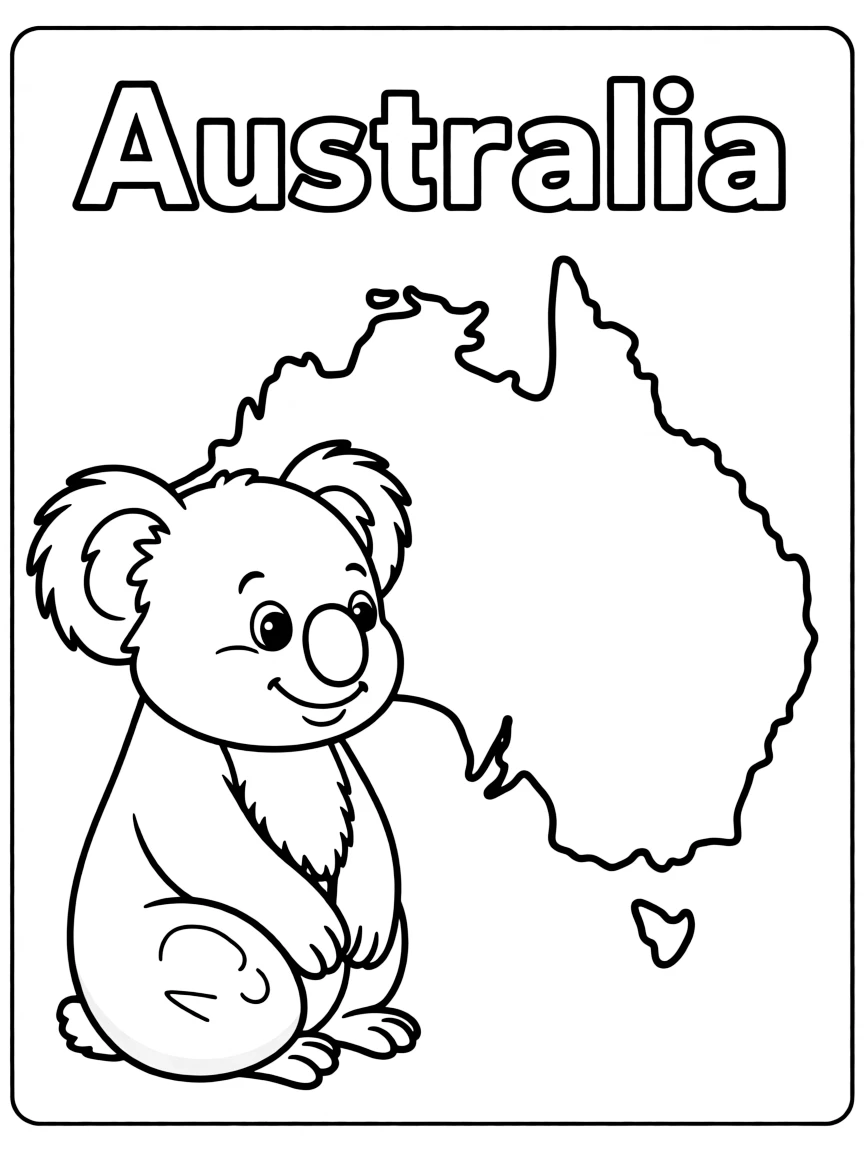 A friendly koala, a simple outline map of Australia, and the word "Australia"