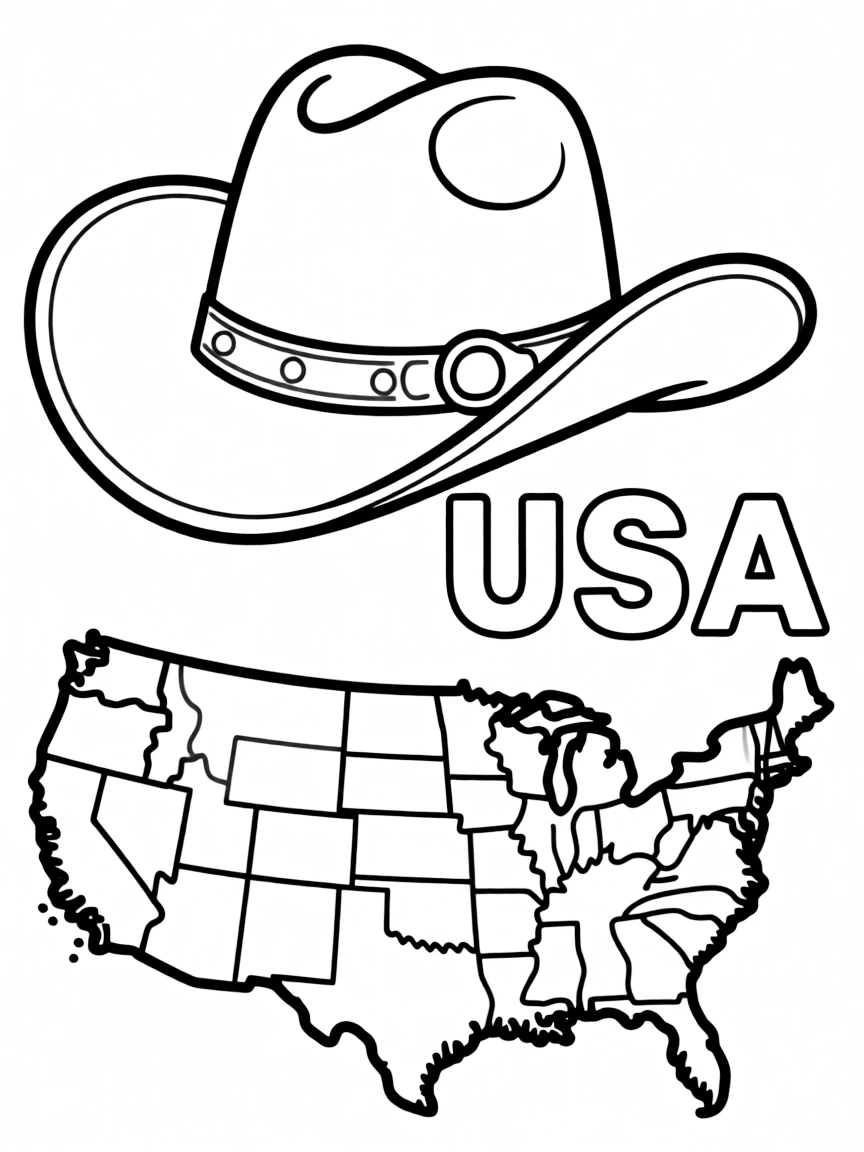 A small cowboy hat, a simple outline map of USA, and the word "USA"