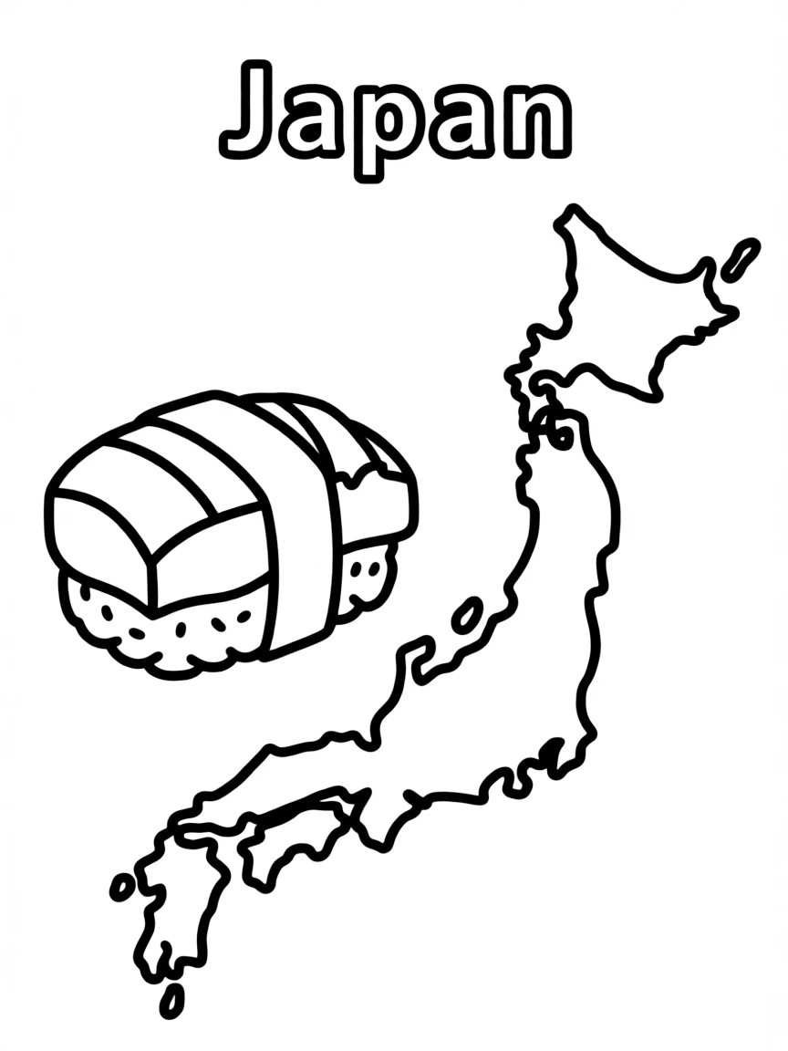 A small sushi roll, a simple outline map of Japan, and the word "Japan"